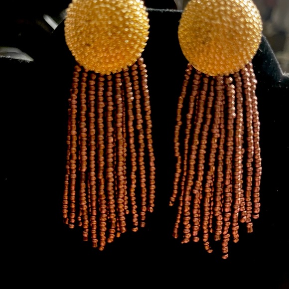 Pierced earrings posts with gold toned braided button long strands of beads - Picture 6 of 9